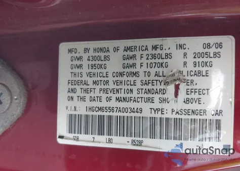 2007 Honda Accord 3.0 Ex z USA, uszkodzony, nr VIN 1HGCM65567A003449